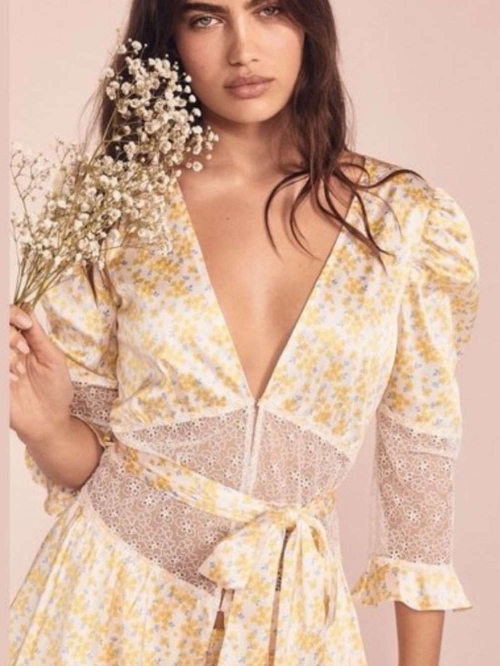 NWT For Love and Lemons Yellow Floral Daffodil Lace Robe Dress L